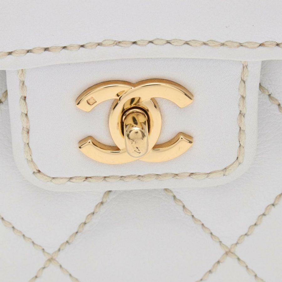 香奈兒 (CHANEL) 白色皮革手工縫線手提包，金色五金，二手，女士 Coco CC 標誌-12