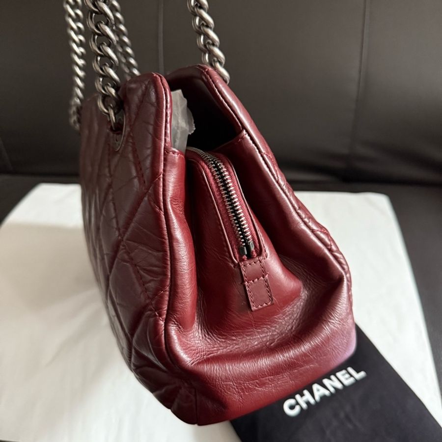 chanel香奈兒 酒紅色孟買托特tote復古做舊鏈條單肩包17開-4