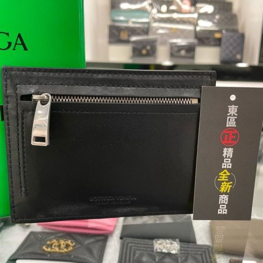 東區正精品㊣BOTTEGA VENETA BV 635043全新黑色全皮大格編織扁式拉鍊零錢包卡片夾名片夾RA1288-4