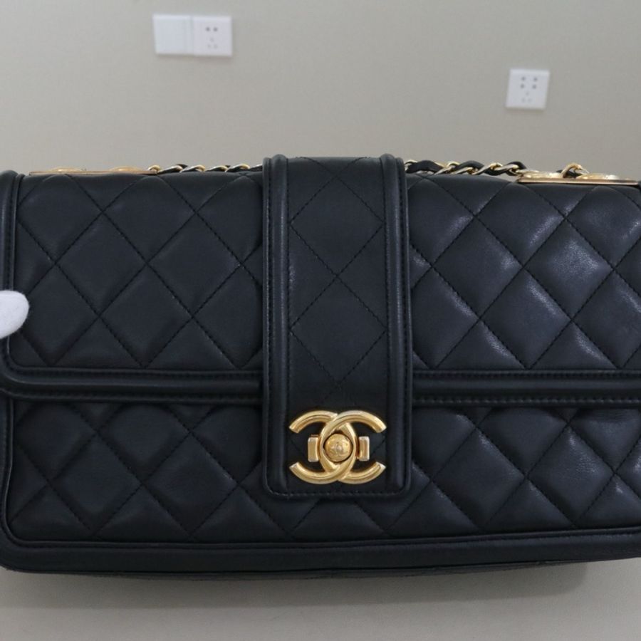 CHANEL 香奈兒 Elegent CF單肩斜挎女包，黑色小牛皮金鍊，序號20 尺寸30*17*9-7