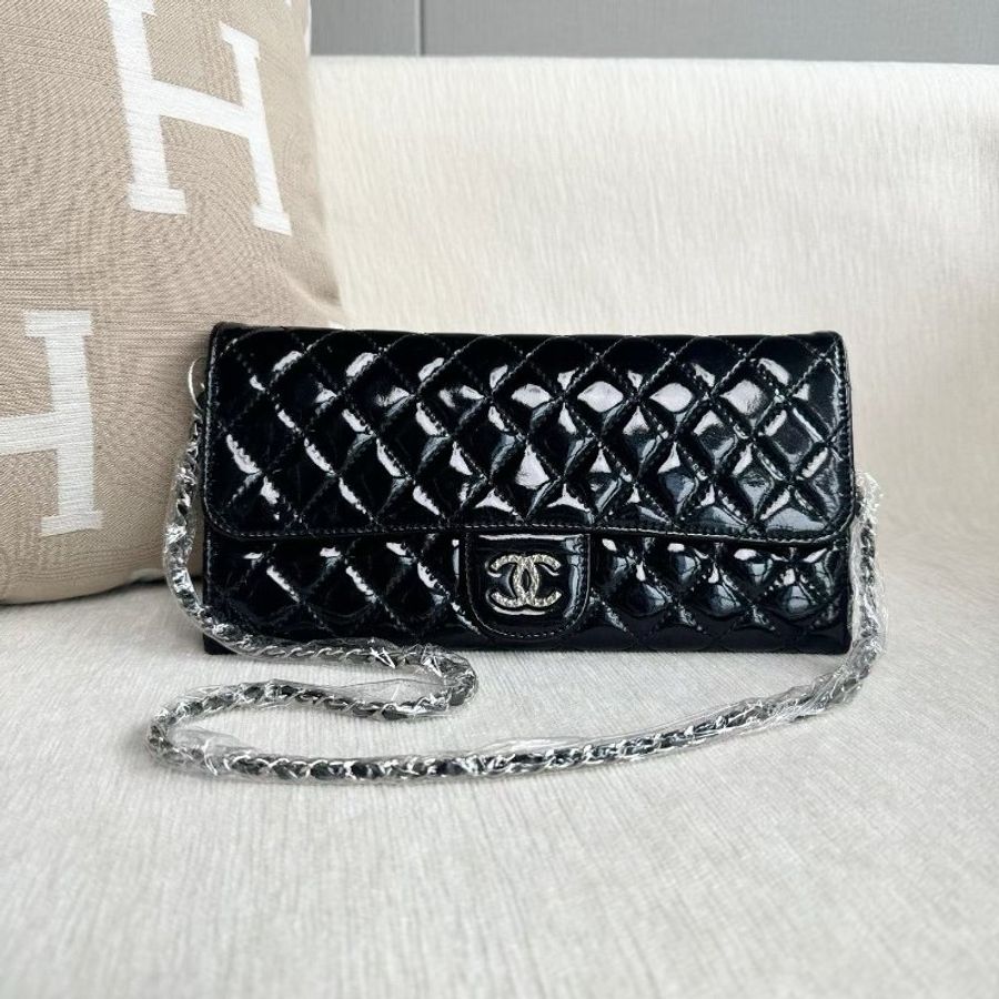 Chanel CF漆皮腋下法棍包 黑銀 24*12*1cm 98新配件塵袋-4