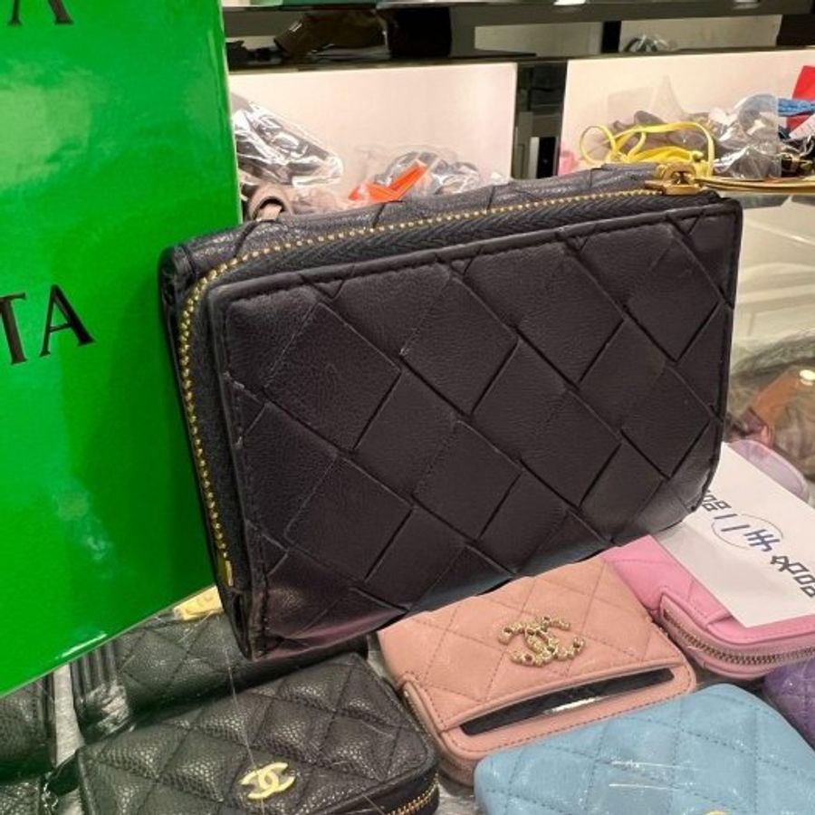東區正精品㊣BOTTEGA VENETA BV 深藍色全皮編織拉鍊釦子三折迷你短夾 RZ5453-7