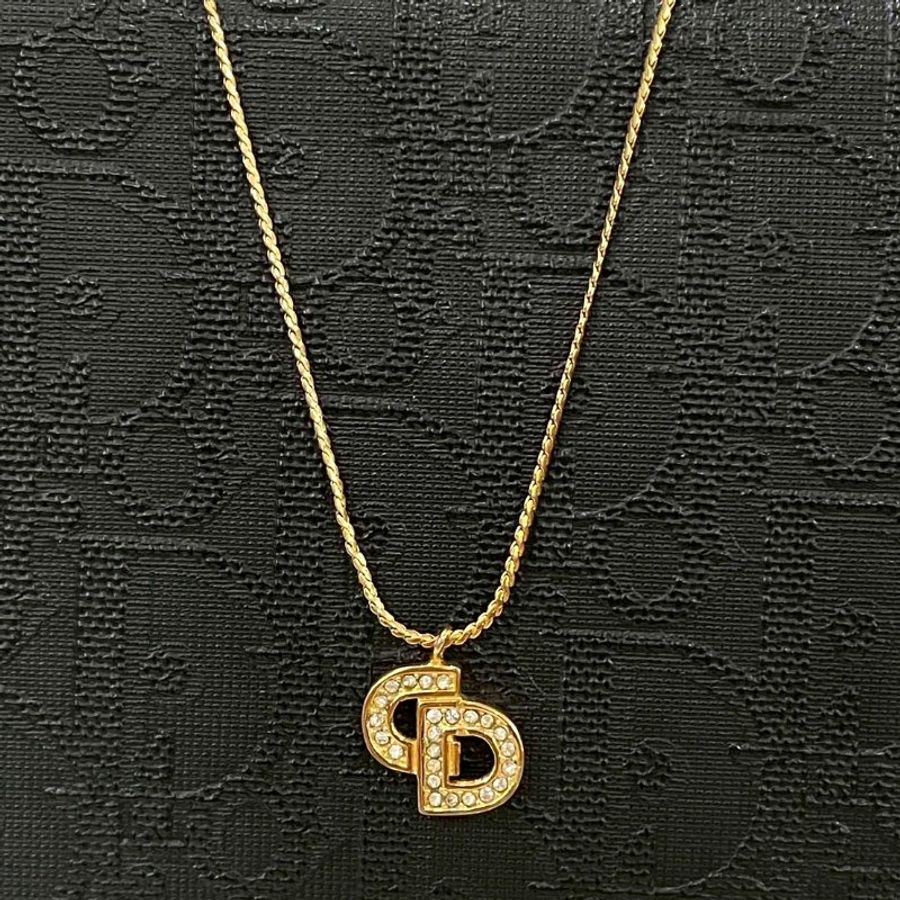 VINTAGE DIOR金色水鑽粗字品牌logo古董項鍊-0