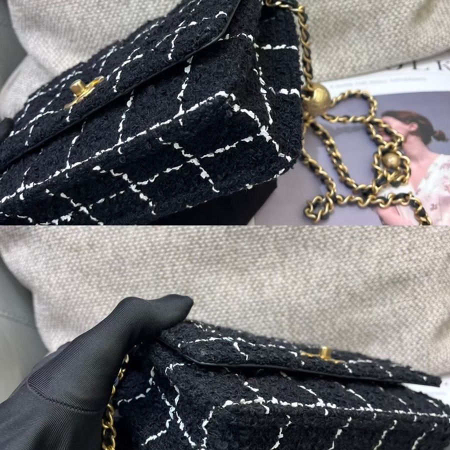 99新 Chanel香奈兒黑白格毛呢金球  芯片款-8