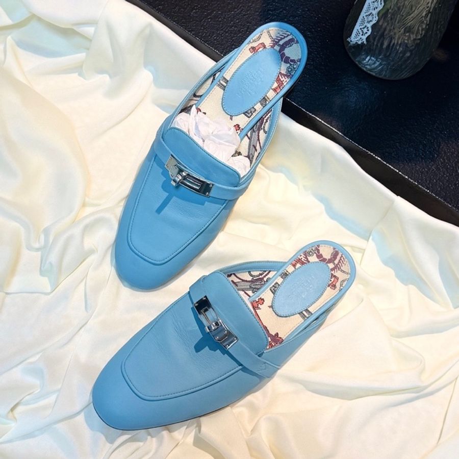 Hermes/愛馬仕 淺藍色Kelly銀扣穆勒拖 36.5碼-0