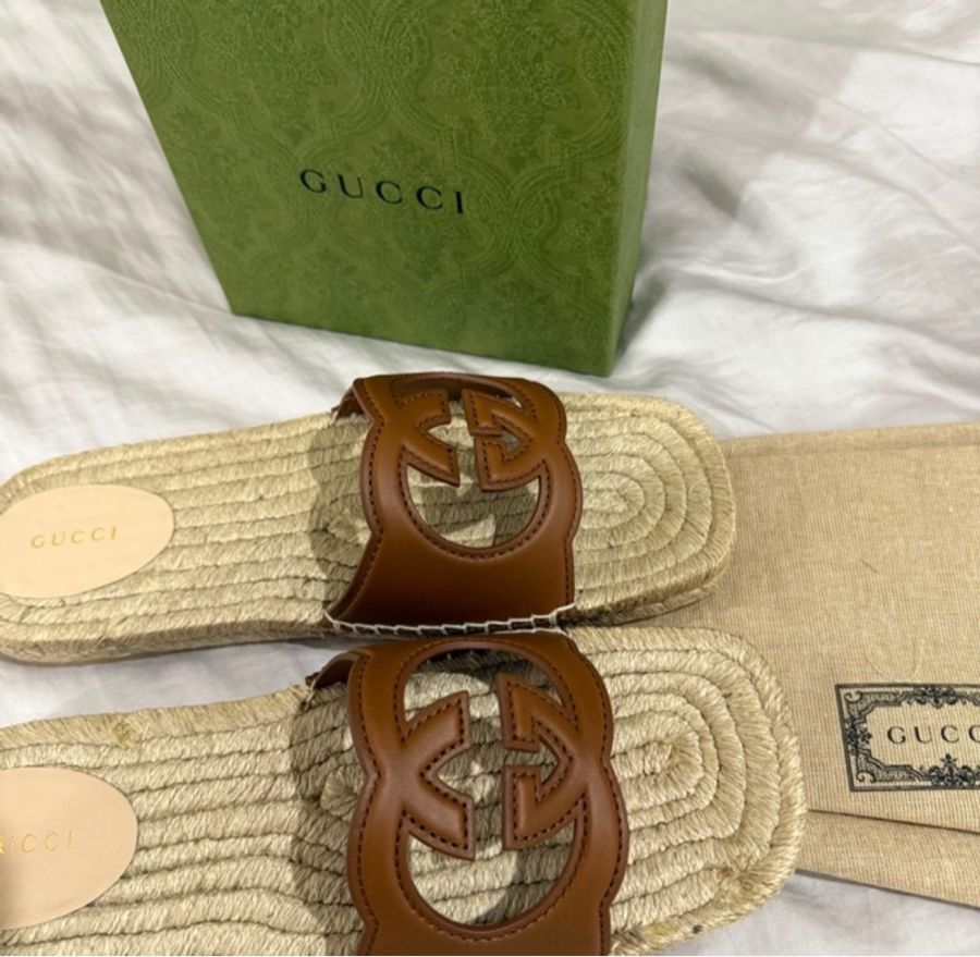 Gucci渡假風草編拖鞋-0