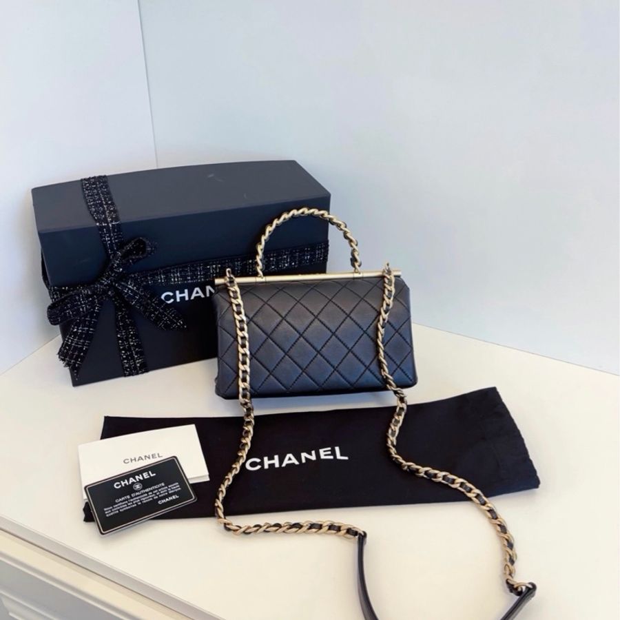 ✨Chanel top handle 黑金手柄郵差包 99新大全配🖤-5