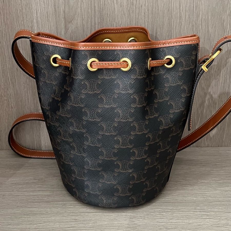 CELINE 賽琳棕色凱旋門水桶包單肩斜挎包 底15.5-1