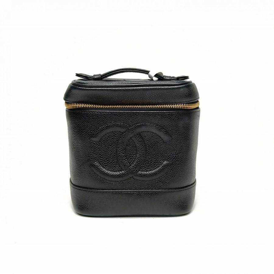 CHANEL 中古黑金牛化妝箱黑色荔枝牛皮6開金扣-0