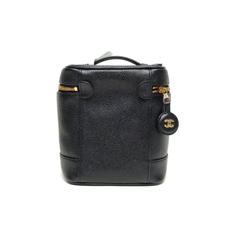 CHANEL 中古黑金牛化妝箱黑色荔枝牛皮6開金扣-2