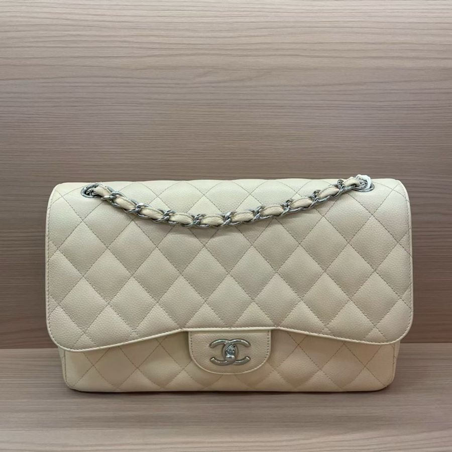 Chanel香奈儿CF中号米色银扣荔枝牛皮 2011年 15開 尺寸 30*19*9*無附件-0