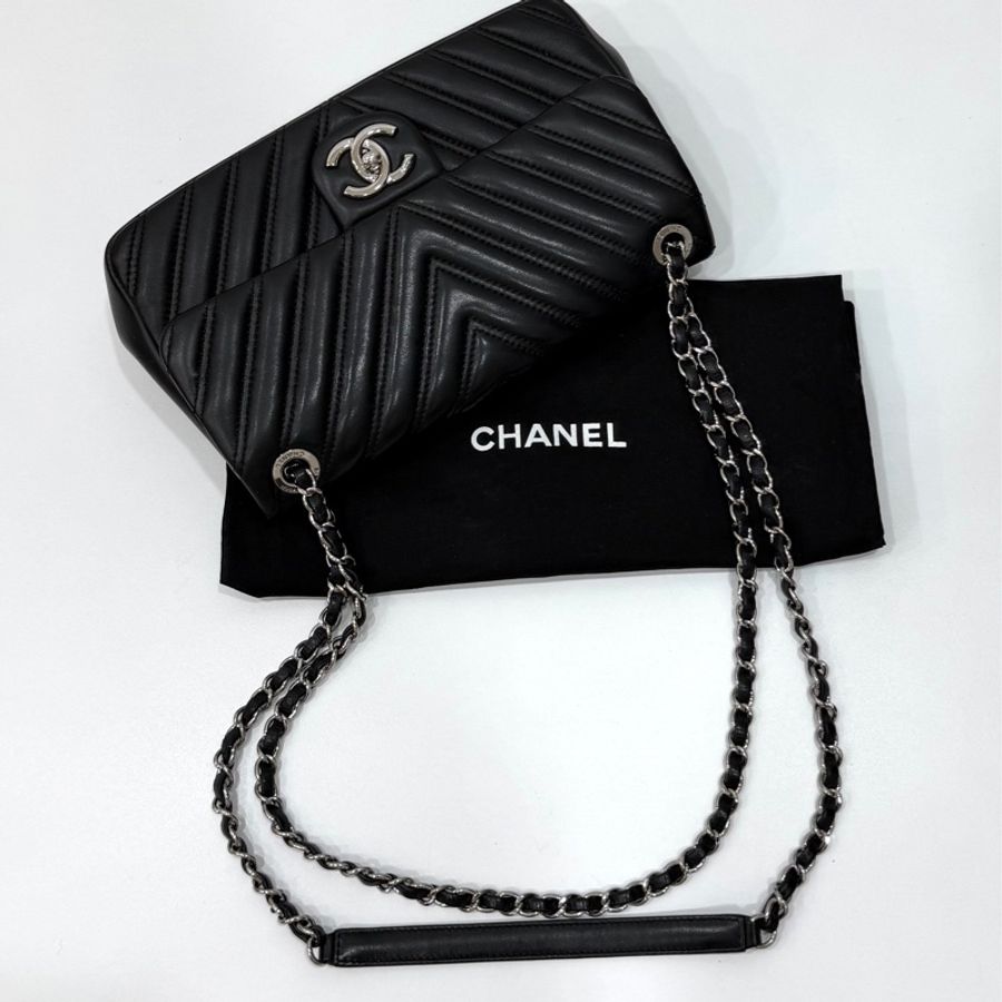 《仙闆名牌精品》CHANEL 香奈兒 CF V紋 銀釦 黑 鍊條包 斜背包 手提包 側背包-4