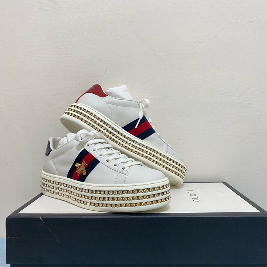 GUCCI 古馳 蜜蜂 刺繡增高厚底鑲鑽鞋 女 白色  尺寸35.5 全新 正品 現貨-0