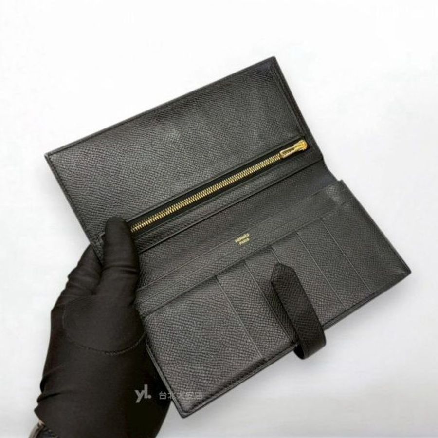 A10199-Hermes BearnWallet黑色epson金釦H長夾-5