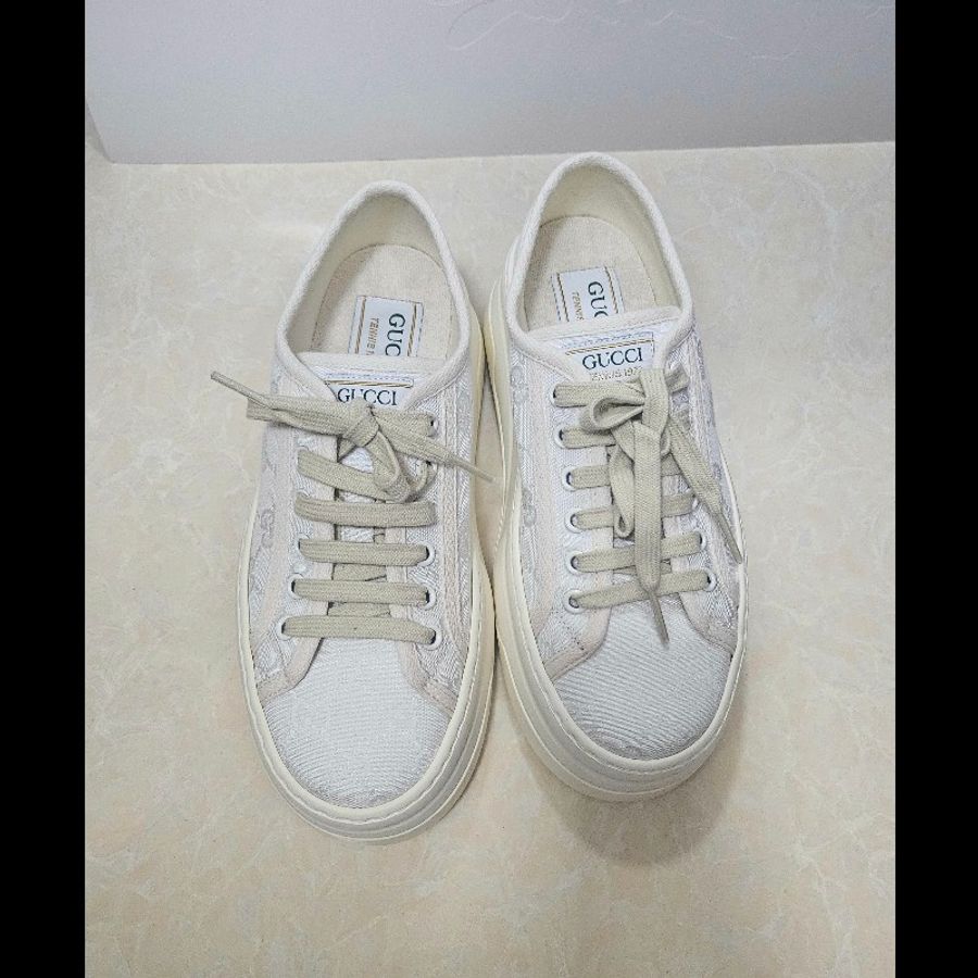 Gucci tennis1977 厚底休閒米白經典GG Logo帆布鞋休閒波鞋增高36.5-37.5碼-5