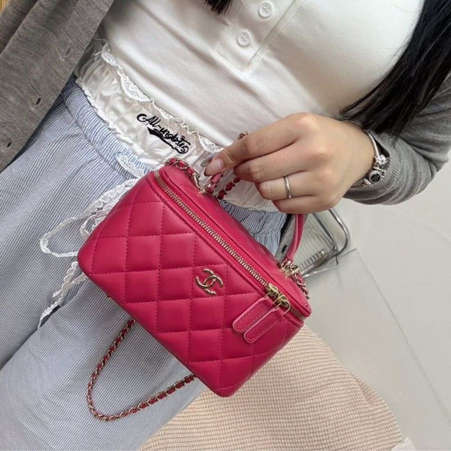 Chanel 手提把款小羊皮 深粉拼淺粉色金扣長盒子-0