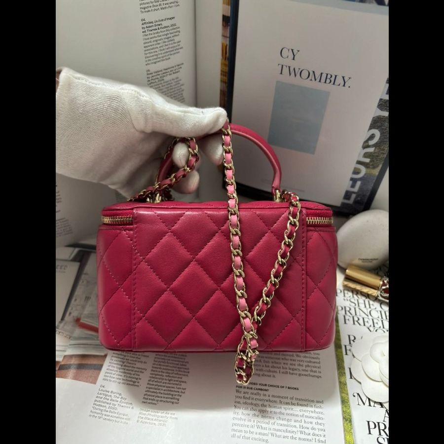 Chanel 手提把款小羊皮 深粉拼淺粉色金扣長盒子-4
