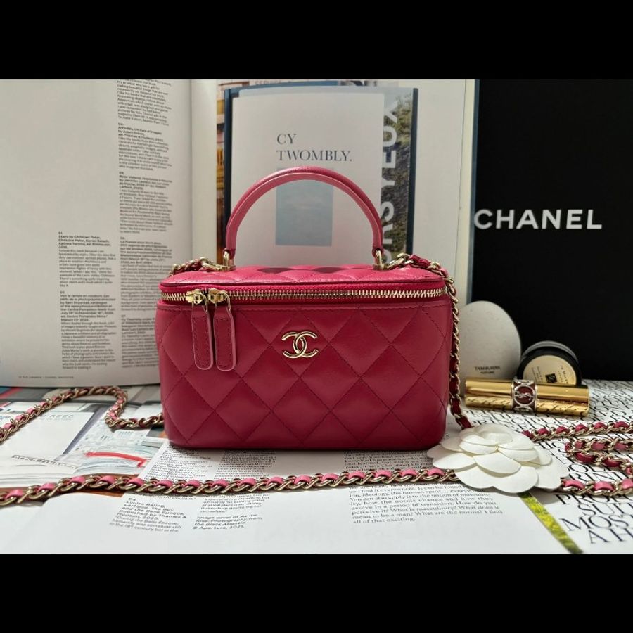 Chanel 手提把款小羊皮 深粉拼淺粉色金扣長盒子-5