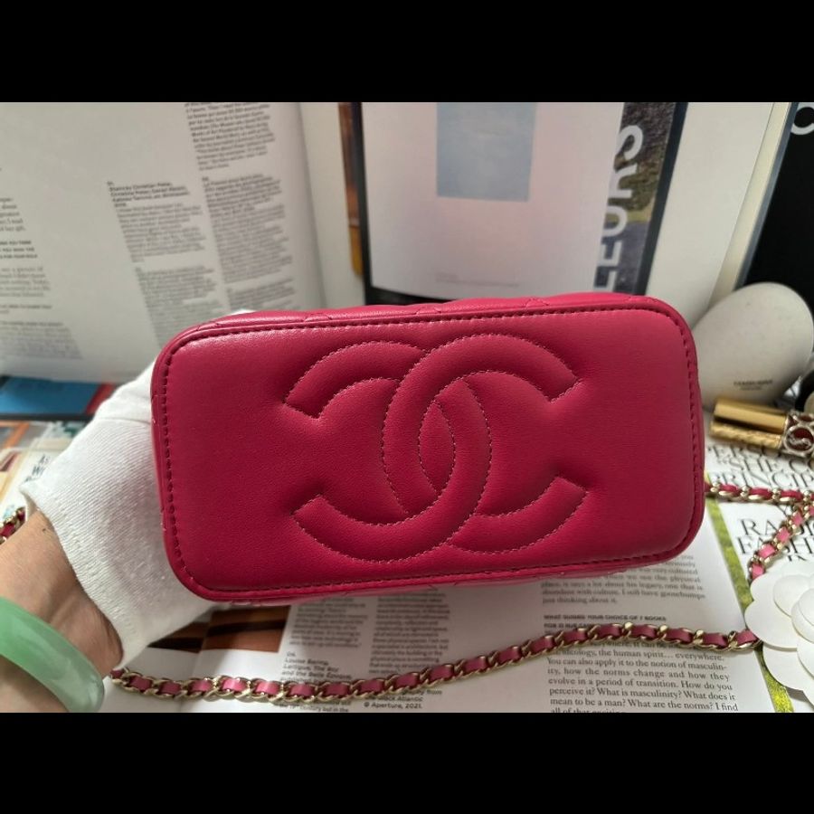 Chanel 手提把款小羊皮 深粉拼淺粉色金扣長盒子-9