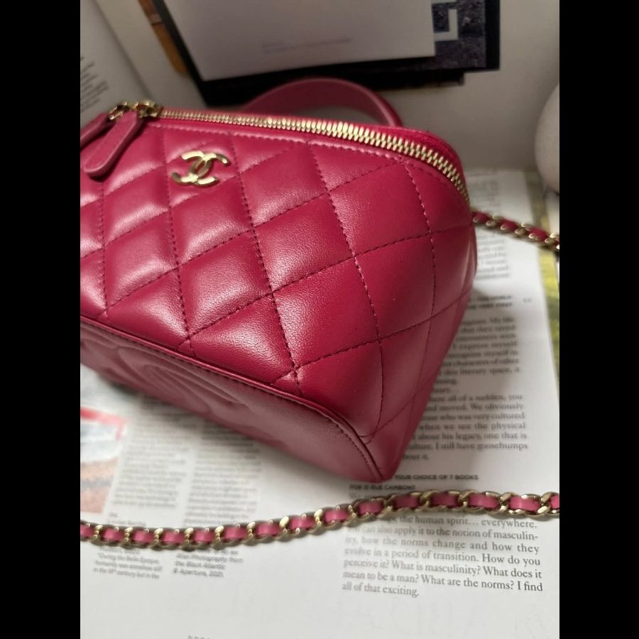 Chanel 手提把款小羊皮 深粉拼淺粉色金扣長盒子-11