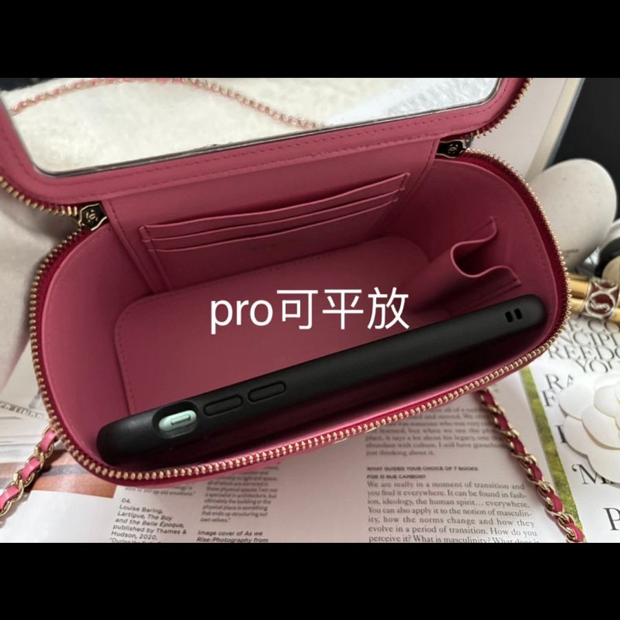 Chanel 手提把款小羊皮 深粉拼淺粉色金扣長盒子-17