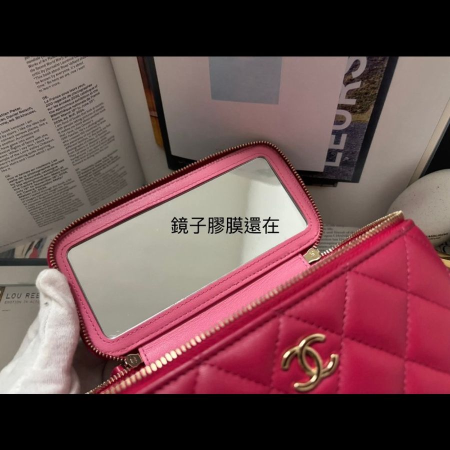 Chanel 手提把款小羊皮 深粉拼淺粉色金扣長盒子-19