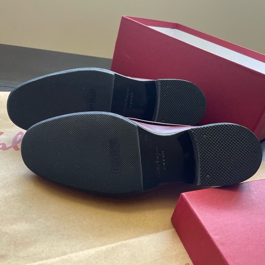 Salvatore Ferragamo 經典 FABER 酒紅小牛皮流蘇德比鞋/牛津鞋 (女鞋7.5D/約8成新全配附提袋/已加底)-5