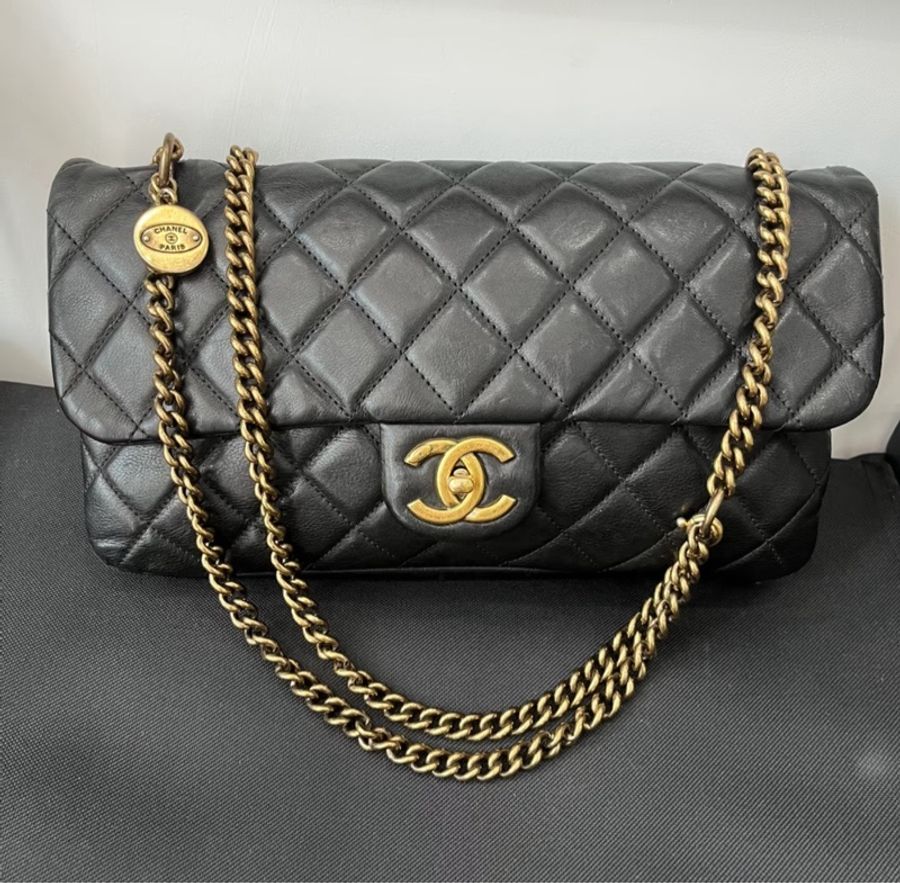 Chanel香奈兒13k黑金CF中號金幣鏈條單肩斜挎包31cm 17開-4