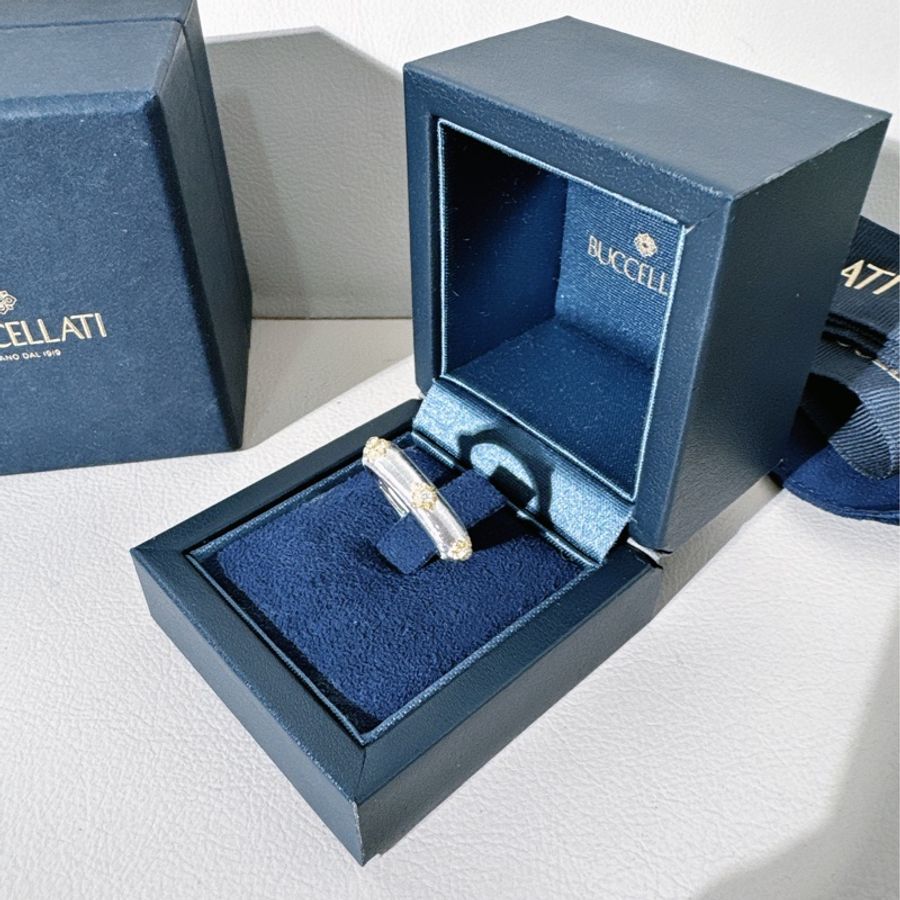 Buccellati布契拉提 Macri系列 白金拉絲六鑽戒指,54號-3