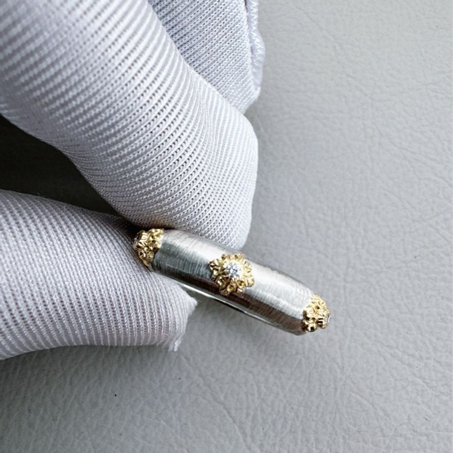 Buccellati布契拉提 Macri系列 白金拉絲六鑽戒指,54號-4