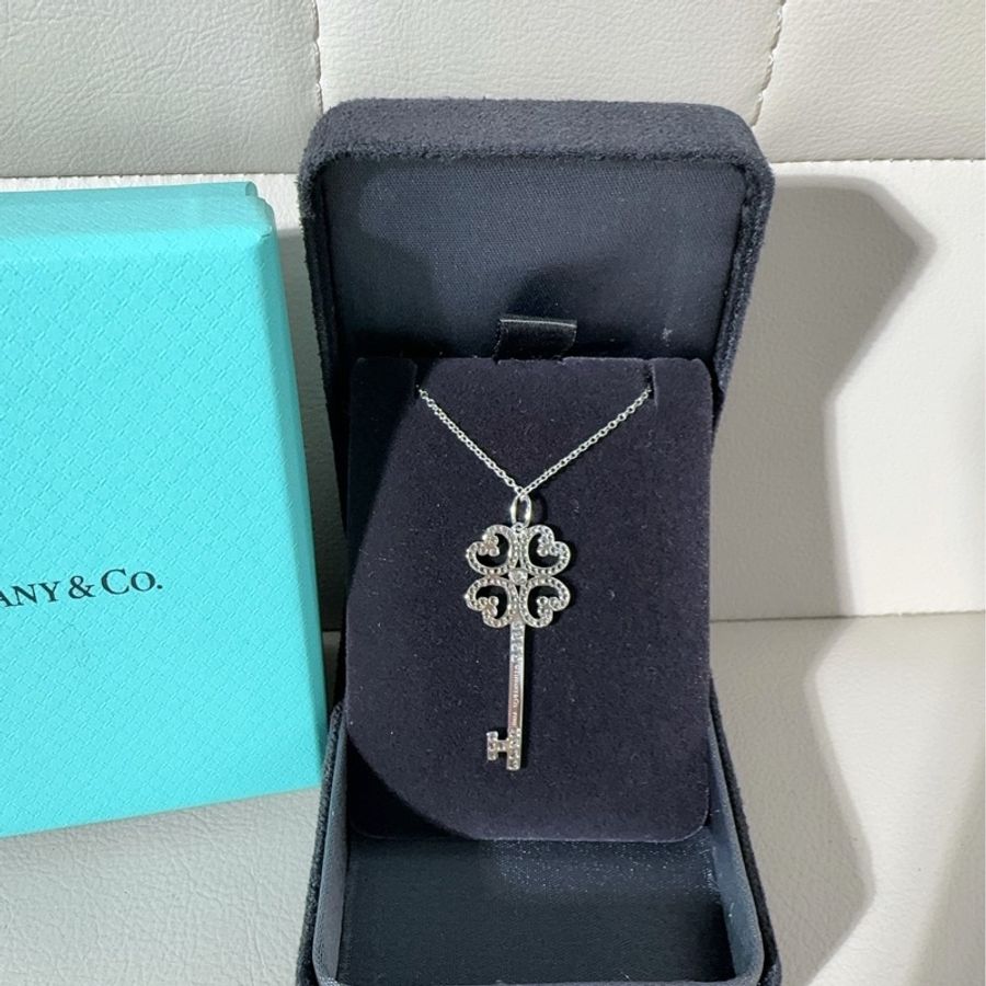 Tiffany蒂芙尼 keys系列 PT950鉑金滿鑽 四葉草愛心鑰匙項鍊-3