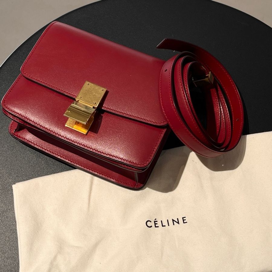 Celine賽琳 mini box豆腐包 紅色金扣 牛皮-6