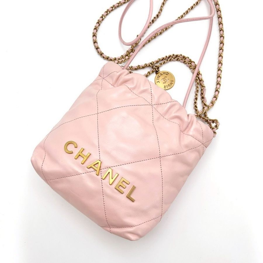 CHANEL香奈兒粉金22bagmini垃圾袋單肩斜挎包-13