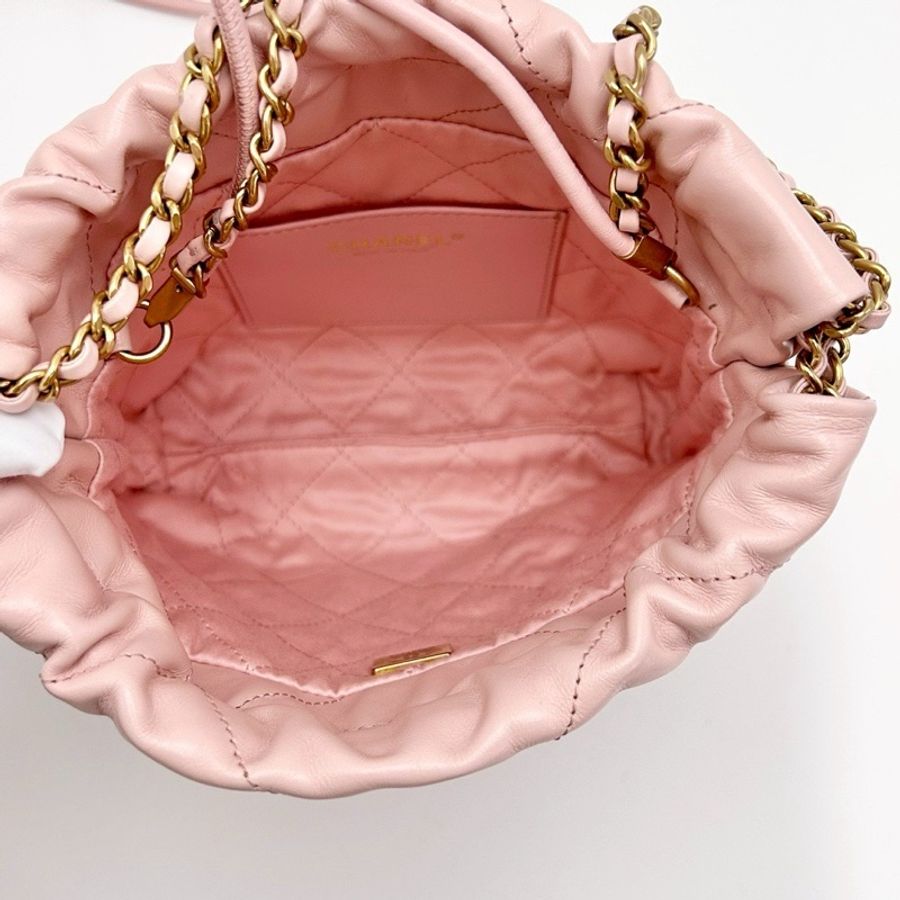 CHANEL香奈兒粉金22bagmini垃圾袋單肩斜挎包-15