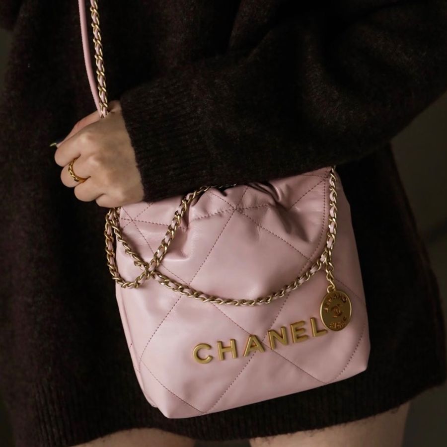 CHANEL香奈兒粉金22bagmini垃圾袋單肩斜挎包-36