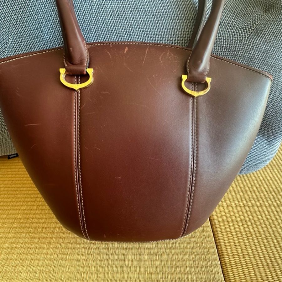 【誠可議】 【正品 Vintage】Cartier 卡地亞 經典酒紅美洲豹雙C壓印金邊手提包/水餃包/扇形包-6