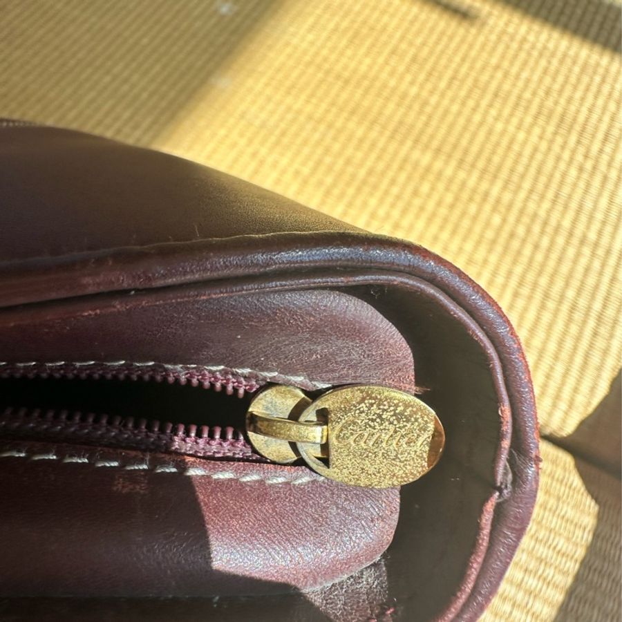 【誠可議】 【正品 Vintage】Cartier 卡地亞 經典酒紅美洲豹雙C壓印金邊手提包/水餃包/扇形包-9