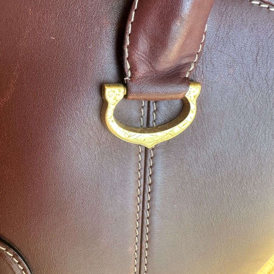 【誠可議】 【正品 Vintage】Cartier 卡地亞 經典酒紅美洲豹雙C壓印金邊手提包/水餃包/扇形包-10