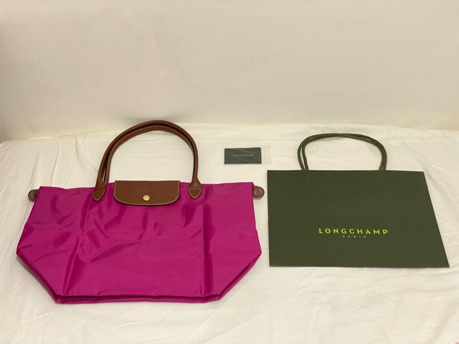LONGCHAMP 金扣 桃紅色 長把 尼龍 折疊 拉鍊 托特包 全新 現貨-0