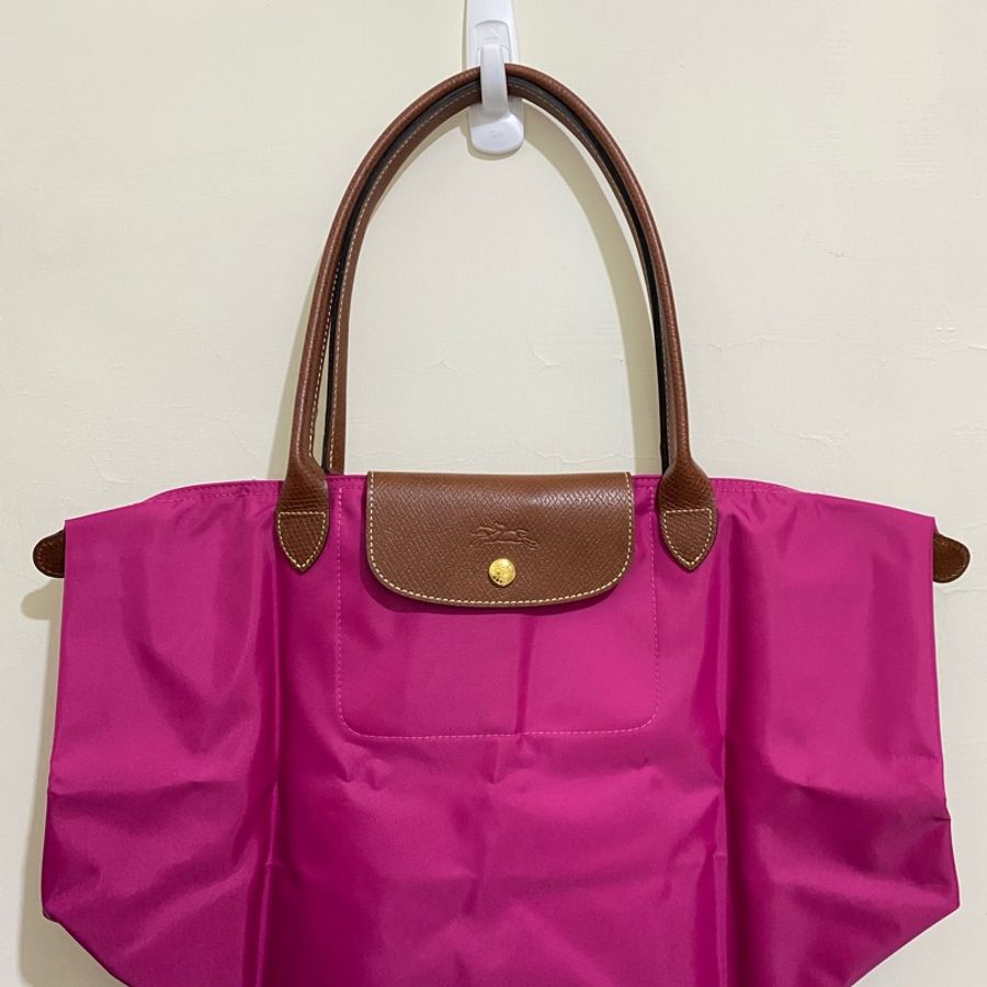 LONGCHAMP 金扣 桃紅色 長把 尼龍 折疊 拉鍊 托特包 全新 現貨-1