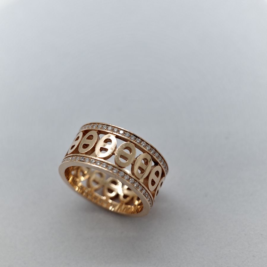 Hermès 愛馬仕 Chaine d'ancre Divine 18K 黃金 豬鼻子 雙圈 鑲鑽 戒指 51-1