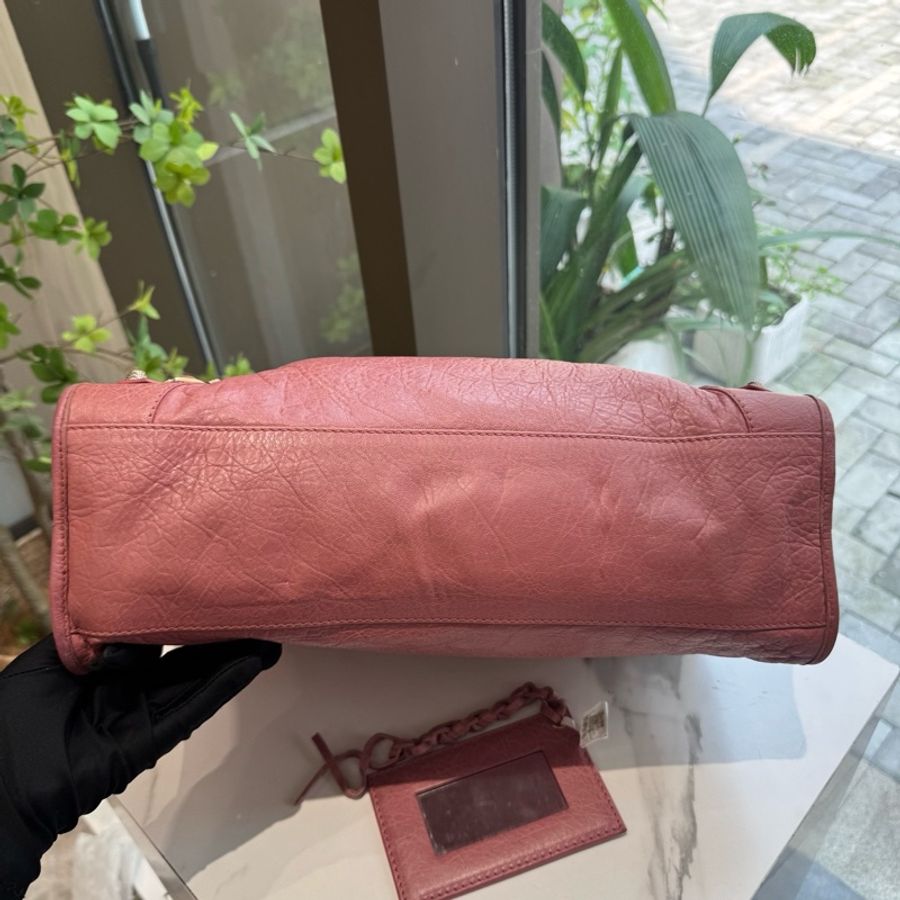 99新Balenciaga巴黎世家 機車包 中號 粉色 油蠟皮 手提包單肩包斜背包 底長37cm ❤️正品-3