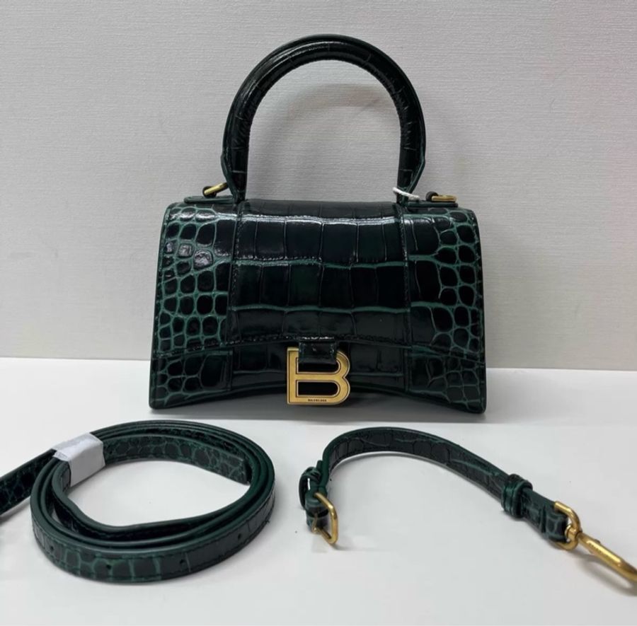 Balenciaga xs hourglass 沙漏包 金属B标志可拆卸肩带翻盖开合 鳄鱼纹压印牛皮革 单肩斜挎手提包-0