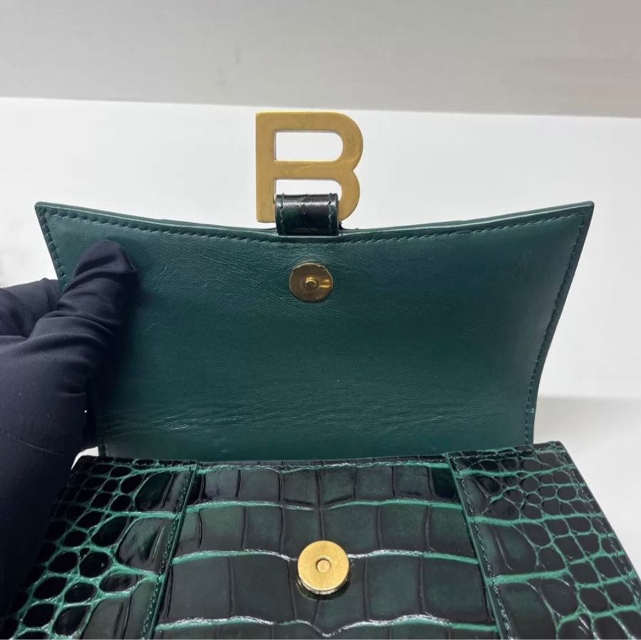Balenciaga xs hourglass 沙漏包 金属B标志可拆卸肩带翻盖开合 鳄鱼纹压印牛皮革 单肩斜挎手提包-7