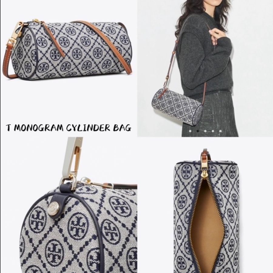 Tory Burch T MONOGRAM CYLINDER BAG深藍老花色滾桶包-5