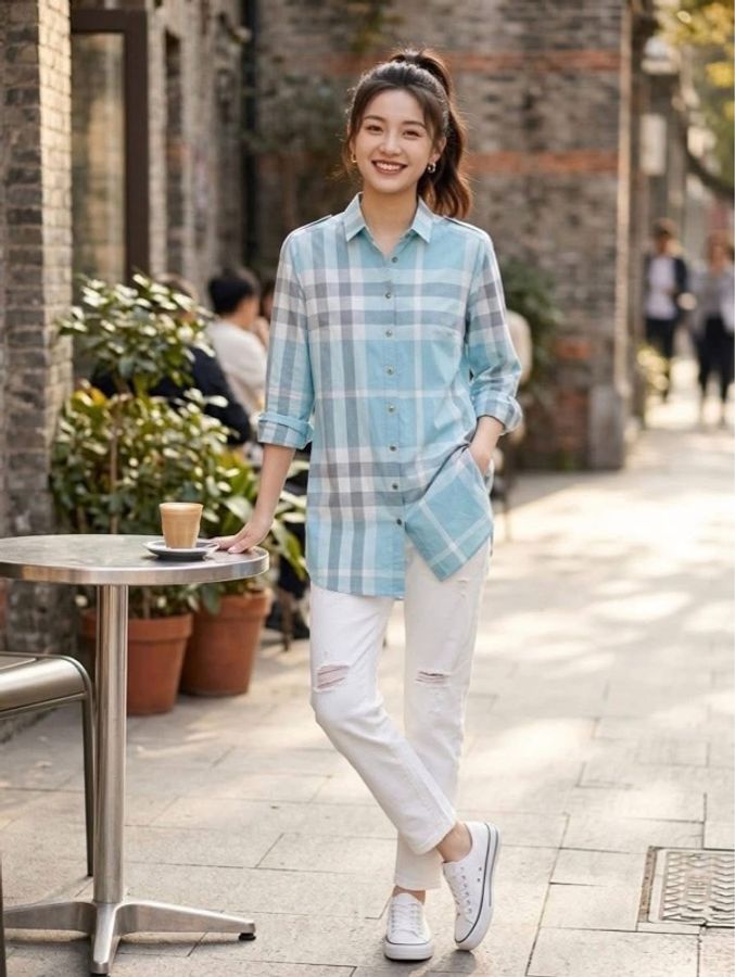 BURBERRY 倫敦 肩扣格紋長版襯衫-0
