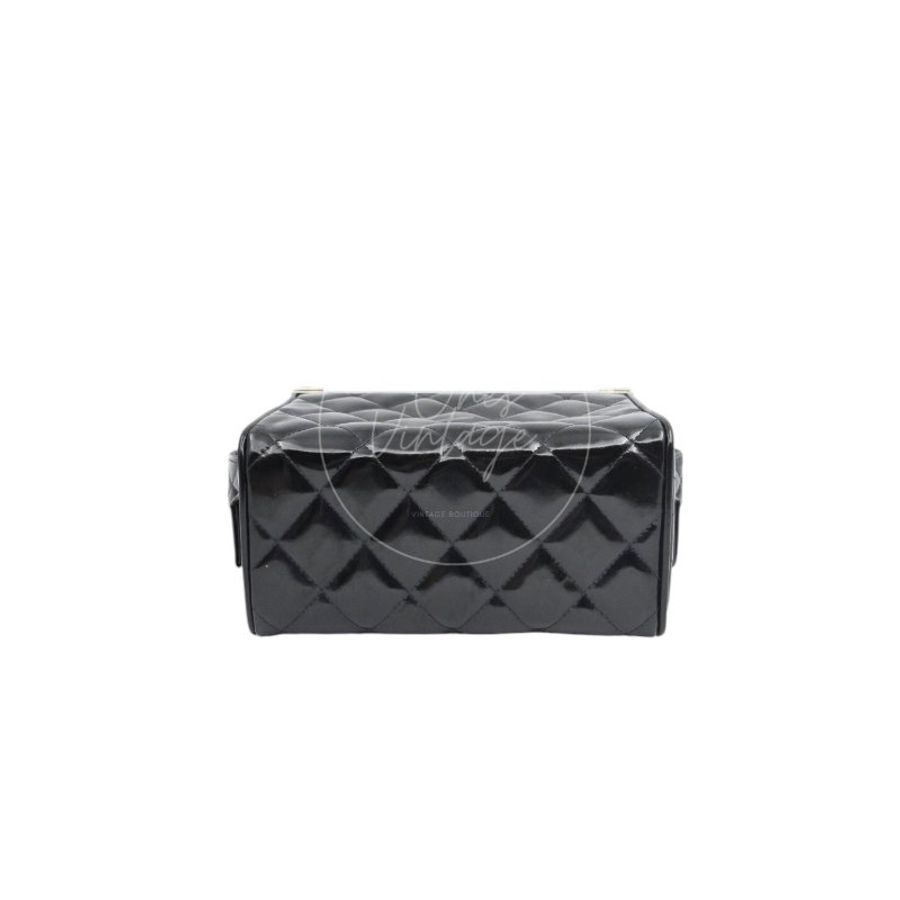 中古 Chanel 香奈兒 復古 黑色漆皮化 妝箱手提包-6