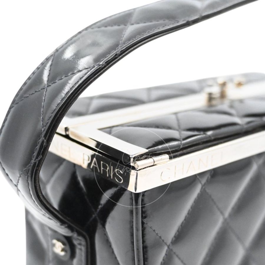中古 Chanel 香奈兒 復古 黑色漆皮化 妝箱手提包-13