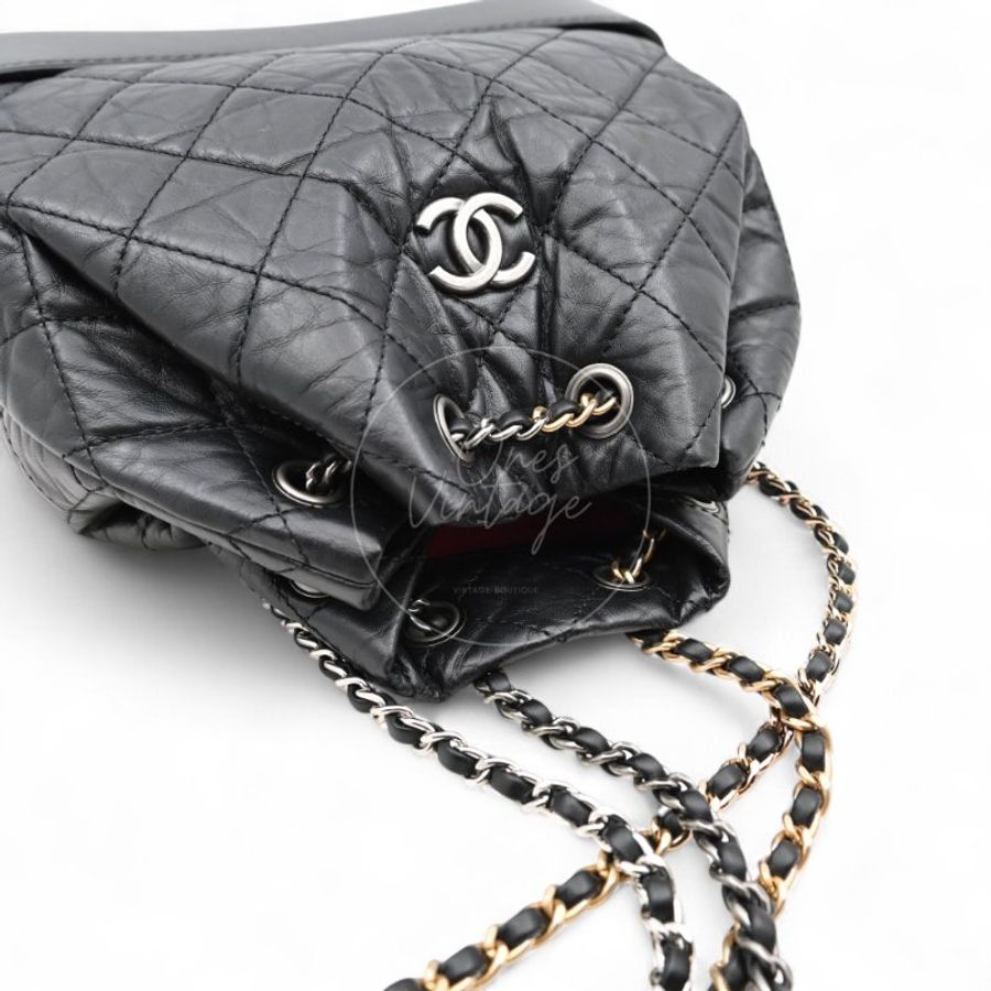中古 Chanel 香奈兒 Black Calfskin 黑色小牛皮 Gabrielle嘉柏麗 流浪包系列 鏈條 後背包-7