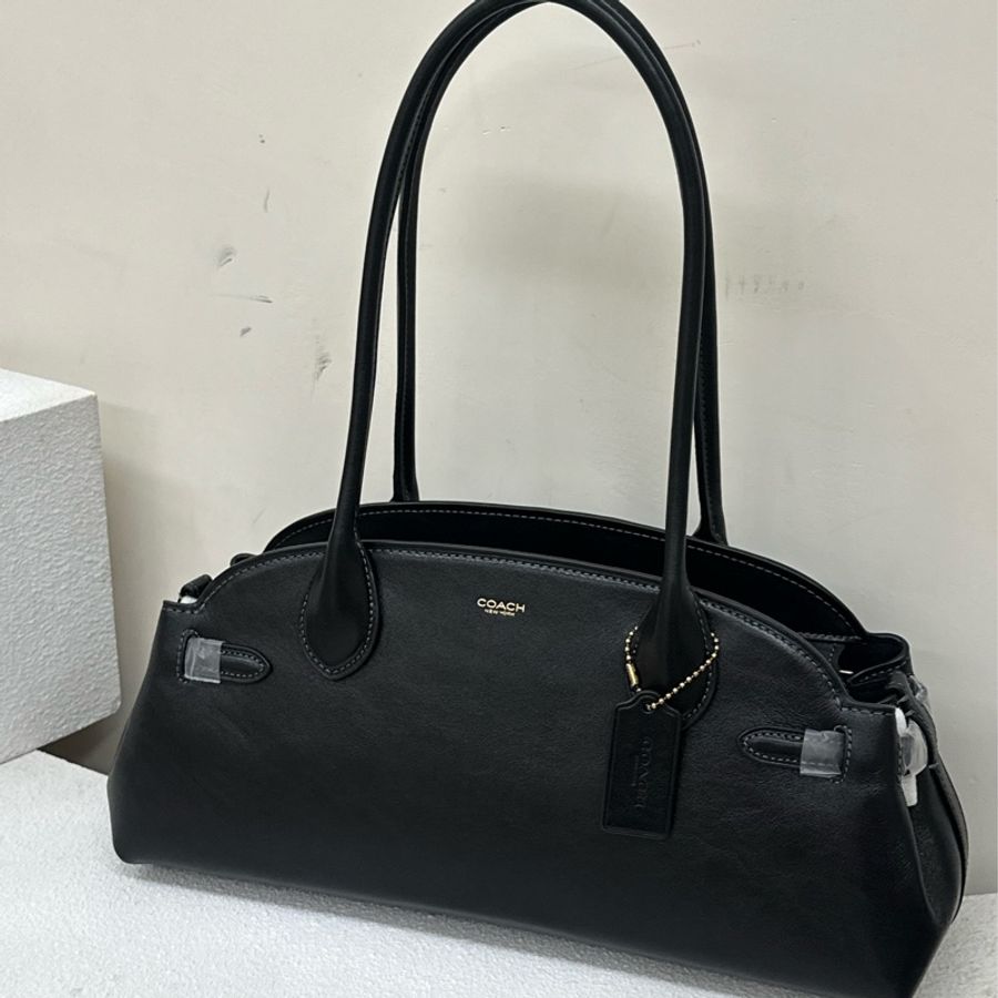 全新COACH Empire Carryall 34 金屬品牌徽標拉鍊開合 釉面皮革 單肩包 大號 黑色-0